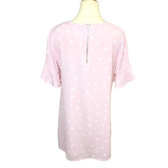 AVA Festival Pink White Polka Dots Crepe Mini Dress Ruffle Short Sleeves Sz M/L - Picture 3 of 10